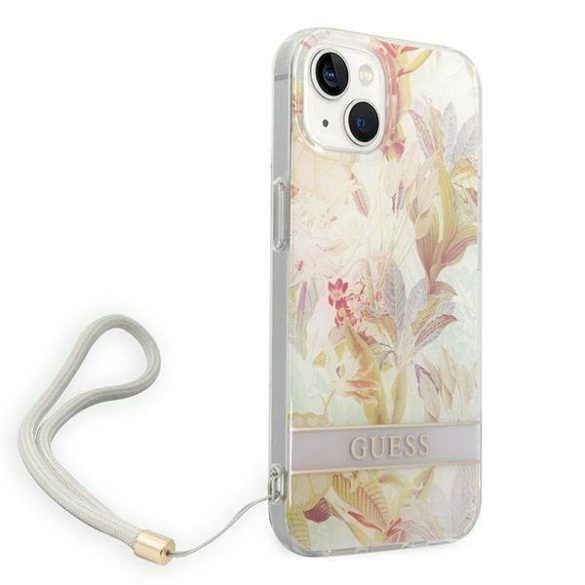 Guess GUOHCP14MHFLSU iPhone 14 Plus / 15 Plus 6.7" lila keménytok virágszíjjal