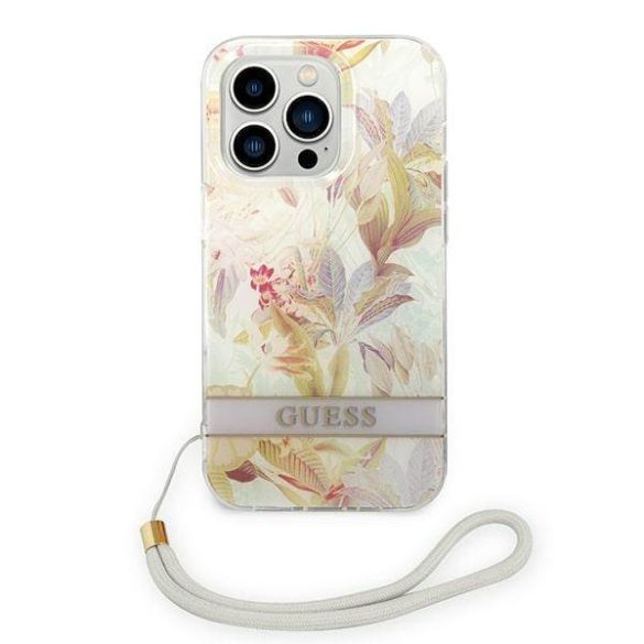 Guess GUOHCP14LHFLSU iPhone 14 Pro 6,1" lila Flower Strap keménytok