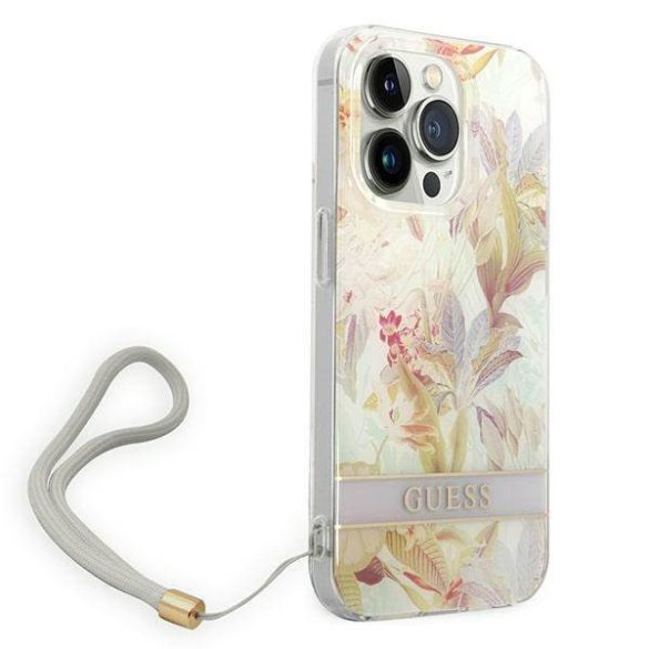 Guess GUOHCP14LHFLSU iPhone 14 Pro 6,1" lila Flower Strap keménytok