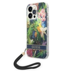   Guess GUOHCP14LHFLSB iPhone 14 Pro 6,1" kék virágos keménytok szíjjal