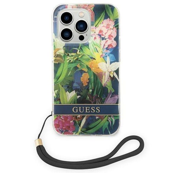 Guess GUOHCP14LHFLSB iPhone 14 Pro 6,1" kék virágos keménytok szíjjal