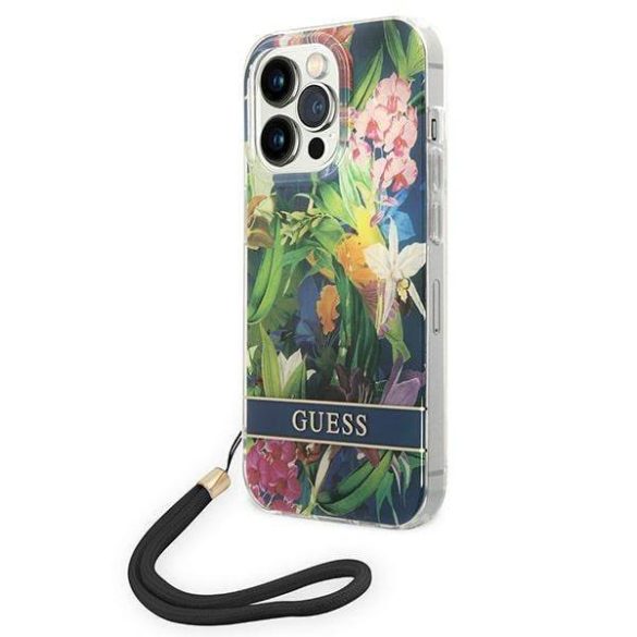 Guess GUOHCP14XHFLSB iPhone 14 Pro Max 6,7" kék virágos keménytok szíjjal