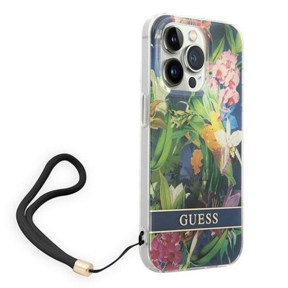 Guess GUOHCP14XHFLSB iPhone 14 Pro Max 6,7" kék virágos keménytok szíjjal