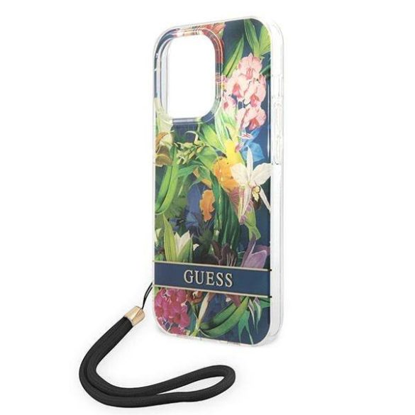 Guess GUOHCP14XHFLSB iPhone 14 Pro Max 6,7" kék virágos keménytok szíjjal