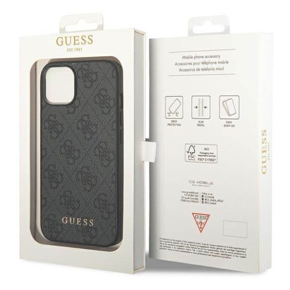 Guess GUHCP14SG4GFGR iPhone 14 / 15 / 13 6.1" szürke keménytok 4G fém arany logó