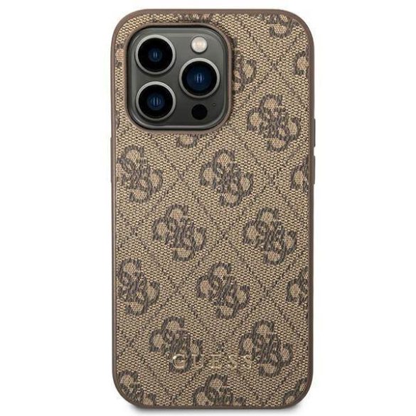 Guess GUHCP14LG4GFBR iPhone 14 Pro 6,1" barna 4G fém arany logós keménytok