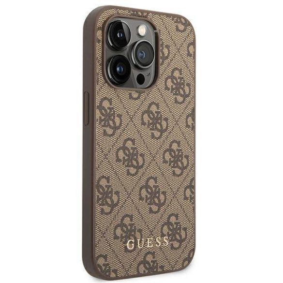 Guess GUHCP14LG4GFBR iPhone 14 Pro 6,1" barna 4G fém arany logós keménytok