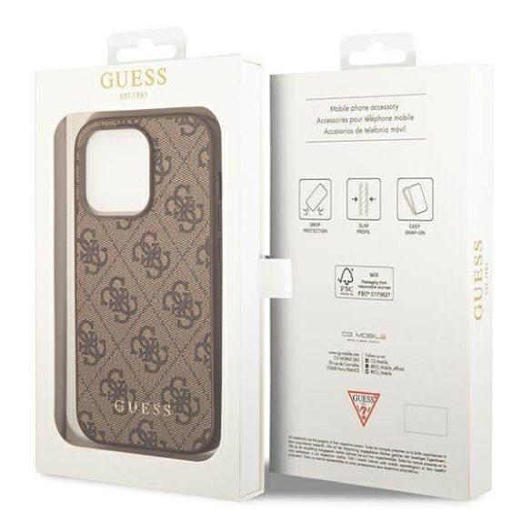 Guess GUHCP14LG4GFBR iPhone 14 Pro 6,1" barna 4G fém arany logós keménytok