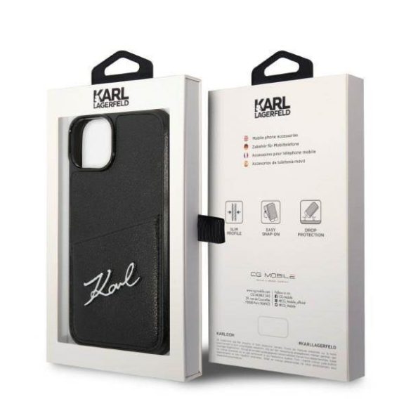 Karl Lagerfeld KLHCP14SCSSK iPhone 14 / 15 / 13 6,1" keménytok fekete Signature Logo kártyatartóval