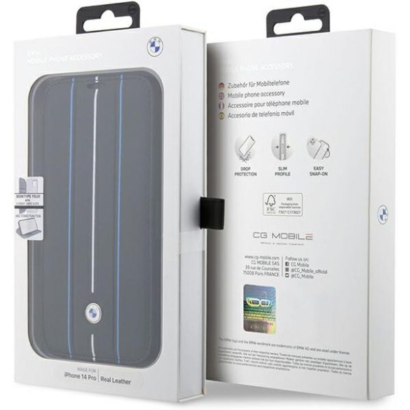 Etui BMW BMBKP14X22RVSK iPhone 14 Pro Max 6,7" fekete Könyvtok Bőr bélyegző kék vonalak