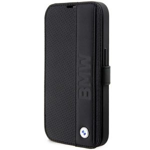 Etui BMW BMBKP14L22RDPK iPhone 14 Pro 6,1" fekete könyvtok bőr texturált és csíkos bőrből