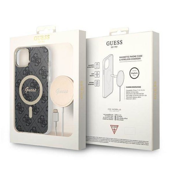 Guess GUBPP14SH4EACSK tok+ töltő iPhone 14 / 15 / 13 6,1" fekete keménytok 4G Print MagSafe