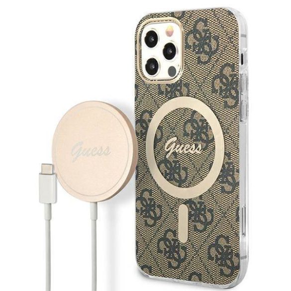 Guess tok+ töltő iPhone 12/12 Pro barna 4G Print MagSafe keménytok