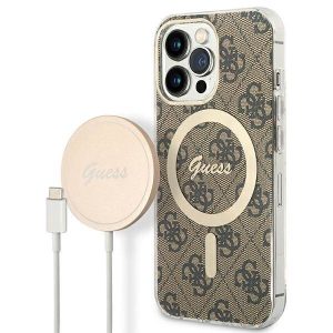 Guess tok+ töltő iPhone 13 Pro barna 4G Print MagSafe keménytok