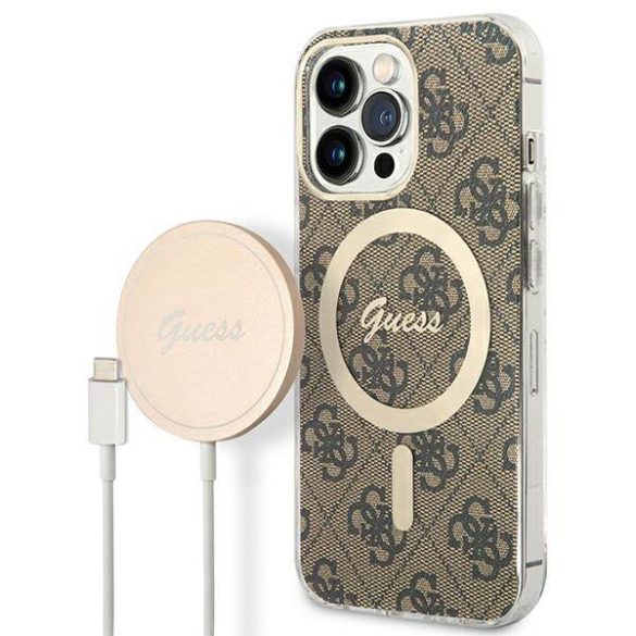 Guess tok+ töltő iPhone 13 Pro barna 4G Print MagSafe keménytok