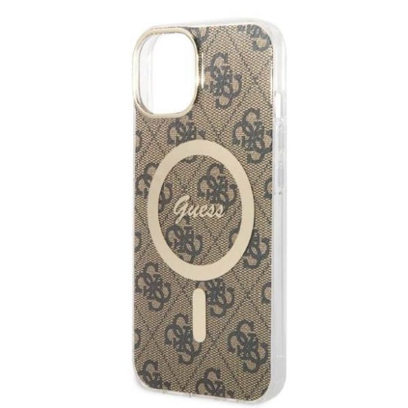 Guess GUBPP14SH4EACSW tok+ töltő iPhone 14 / 15 / 13 6,1" barna keménytok 4G Print MagSafe