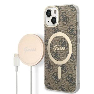 Guess GUBPP14MH4EACSW tok+ töltő iPhone 14 Plus / 15 Plus 6.7" barna keménytok 4G Print MagSafe