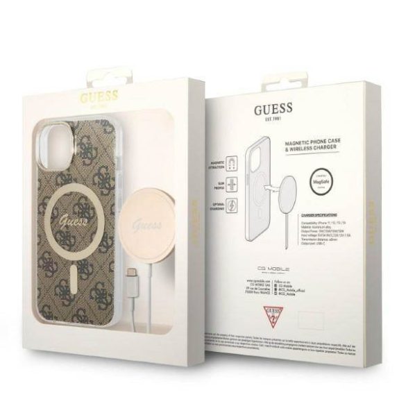 Guess GUBPP14MH4EACSW tok+ töltő iPhone 14 Plus / 15 Plus 6.7" barna keménytok 4G Print MagSafe