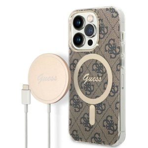 Guess tok+ töltő iPhone 14 Pro 6,1" barna 4G Print MagSafe keménytok