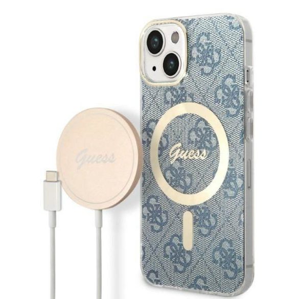 Guess GUBPP14SH4EACSB tok+ töltő iPhone 14 / 15 / 13 6,1" kék keménytok 4G Print MagSafe