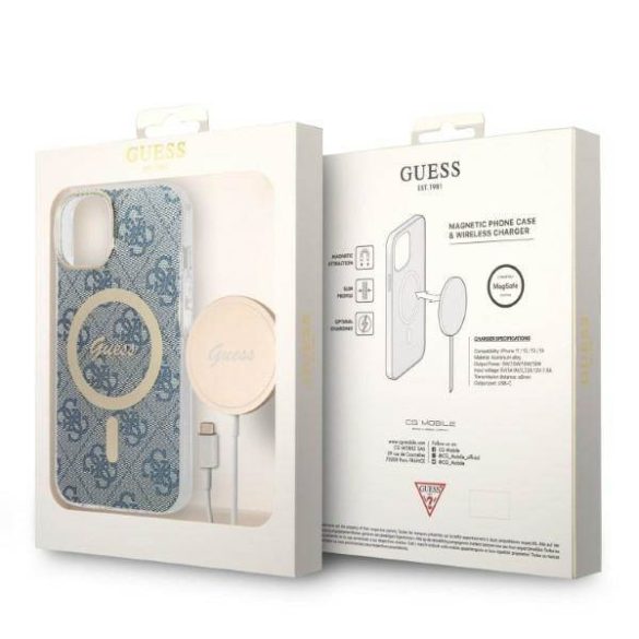 Guess GUBPP14SH4EACSB tok+ töltő iPhone 14 / 15 / 13 6,1" kék keménytok 4G Print MagSafe