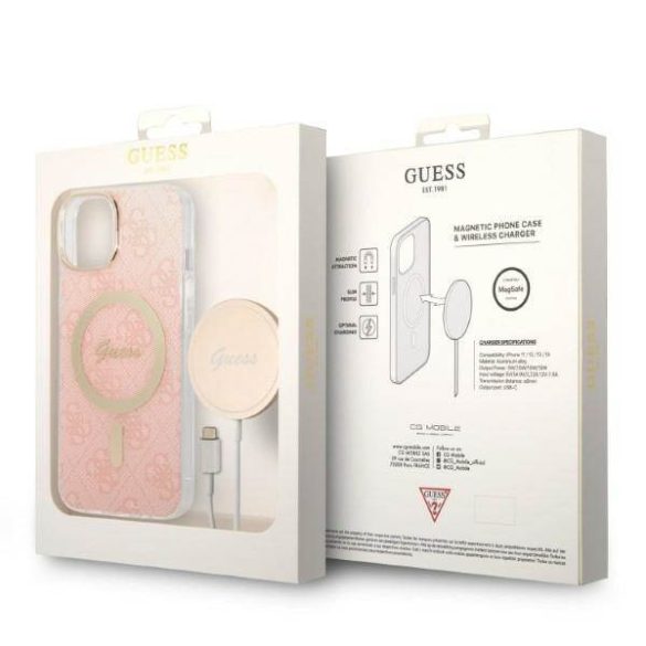 Guess GUBPP14SH4EACSP tok+ töltő iPhone 14 / 15 / 13 6,1" rózsaszín keménytok 4G Print MagSafe