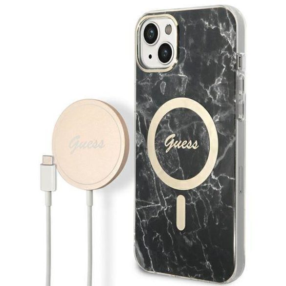 Guess GUBPP14SHMEACSK tok+ töltő iPhone 14 / 15 / 13 6,1" fekete keménytok Marble MagSafe