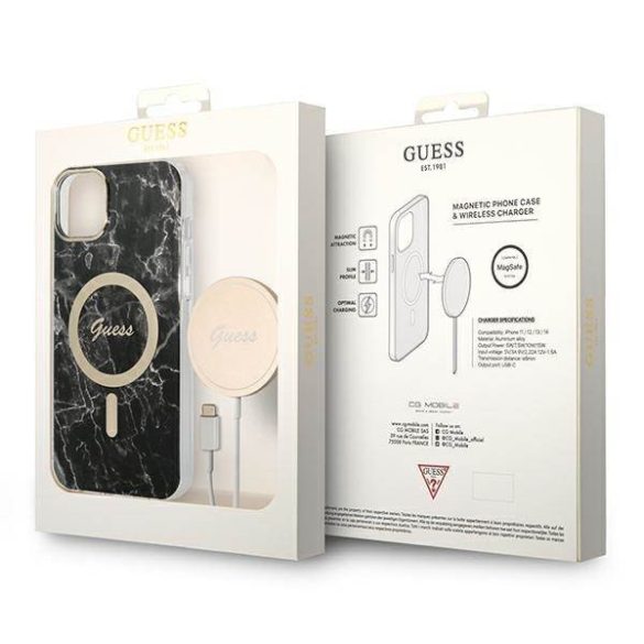 Guess GUBPP14SHMEACSK tok+ töltő iPhone 14 / 15 / 13 6,1" fekete keménytok Marble MagSafe