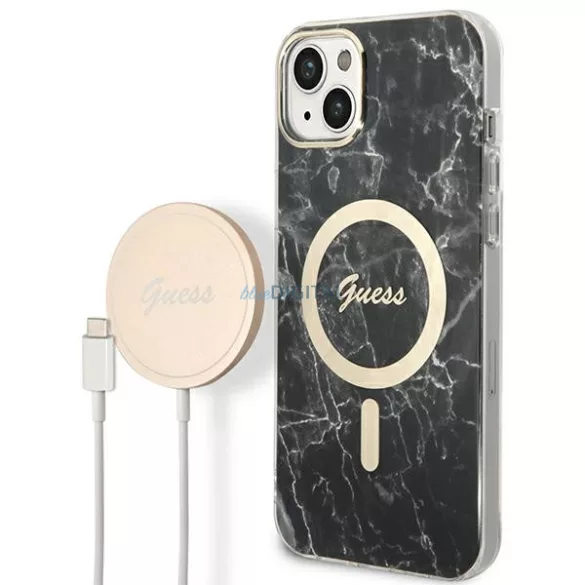 Guess GUBPP14MHMEACSK tok+ töltő iPhone 14 Plus 6.7" fekete keménytok Marble MagSafe