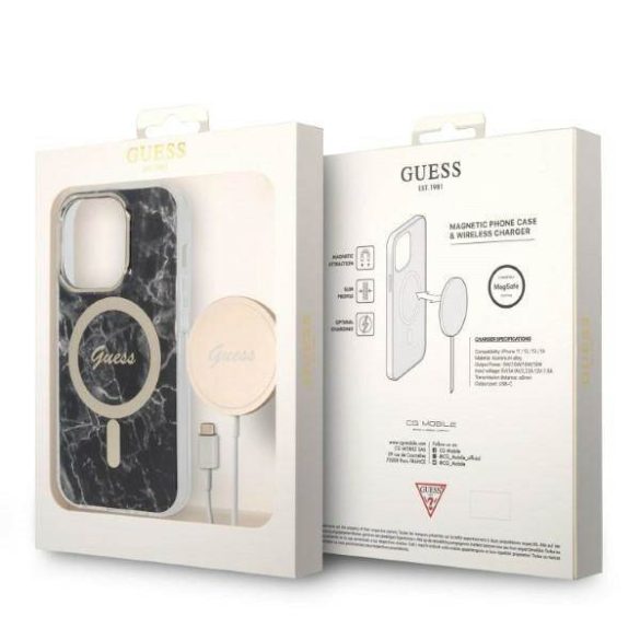 Guess tok+ töltő iPhone 14 Pro 6,1" fekete Márvány MagSafe keménytok 