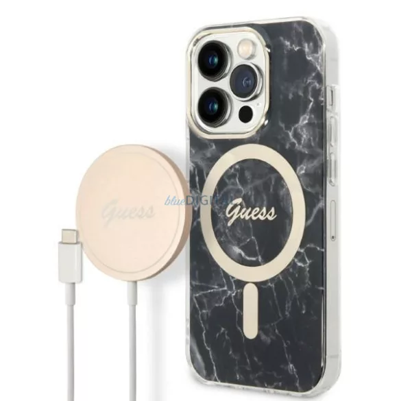 Guess tok+ töltő iPhone 14 Pro Max 6,7" fekete Márvány MagSafe keménytok 