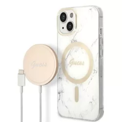   Guess GUBPP14SHMEACSH tok+ töltő iPhone 14 6,1" fehér keménytok Marble MagSafe