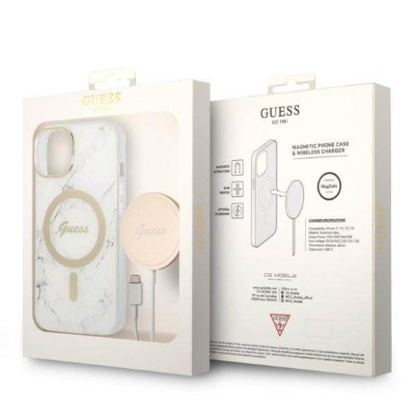 Guess GUBPP14SHMEACSH tok+ töltő iPhone 14 / 15 / 13 6,1" fehér keménytok Marble MagSafe