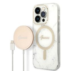   Guess tok+ töltő iPhone 14 Pro 6,1" fehér Márvány MagSafe keménytok