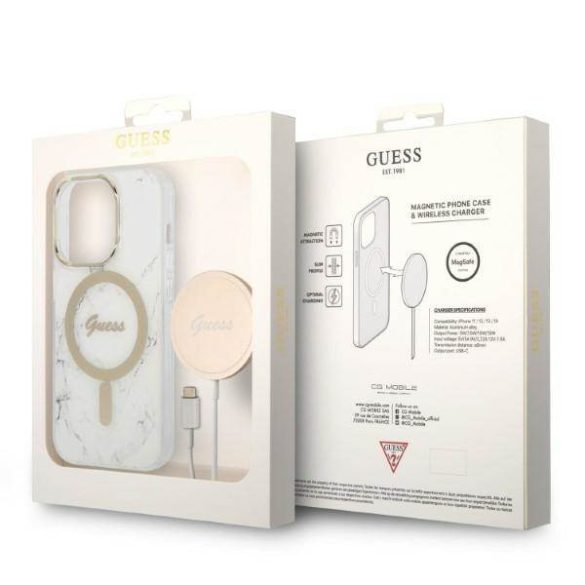 Guess tok+ töltő iPhone 14 Pro 6,1" fehér Márvány MagSafe keménytok