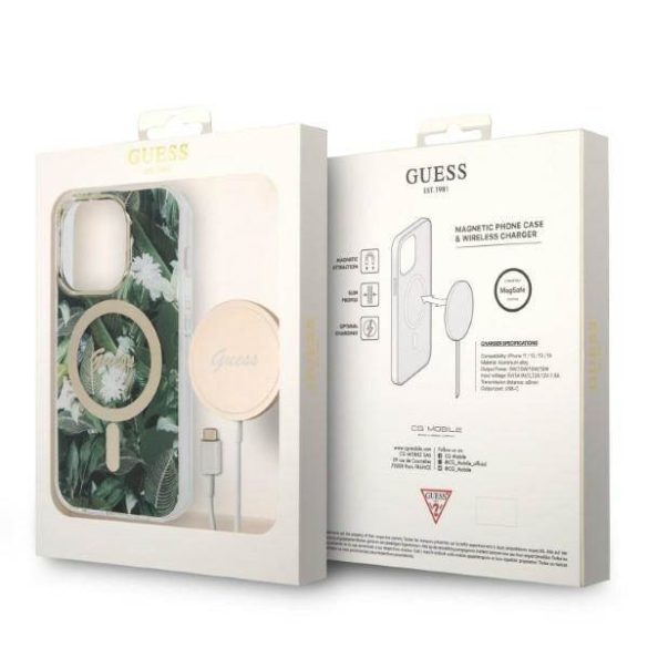 Guess tok+ töltő iPhone 14 Pro 6,1" zöld Dzsungel MagSafe keménytok