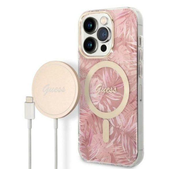 Guess tok+ töltő iPhone 14 Pro 6,1" rózsaszín Dzsungel MagSafe keménytok