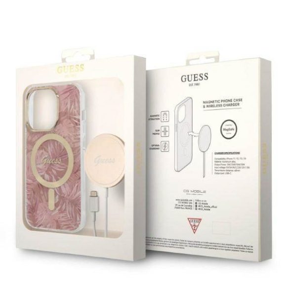 Guess tok+ töltő iPhone 14 Pro 6,1" rózsaszín Dzsungel MagSafe keménytok