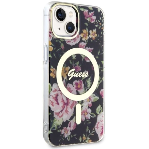 Guess GUHMP14SHCFWSK iPhone 14 / 15 / 13 6,1" fekete keménytok Flower MagSafe