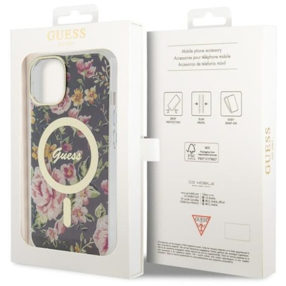 Guess GUHMP14SHCFWSK iPhone 14 / 15 / 13 6,1" fekete keménytok Flower MagSafe