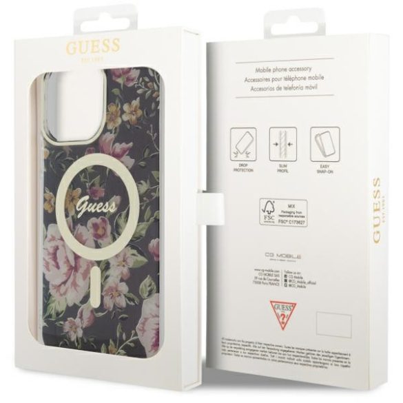 Guess GUHMP14XHCFWSK iPhone 14 Pro Max 6.7" fekete keménytok  Flower MagSafe virág