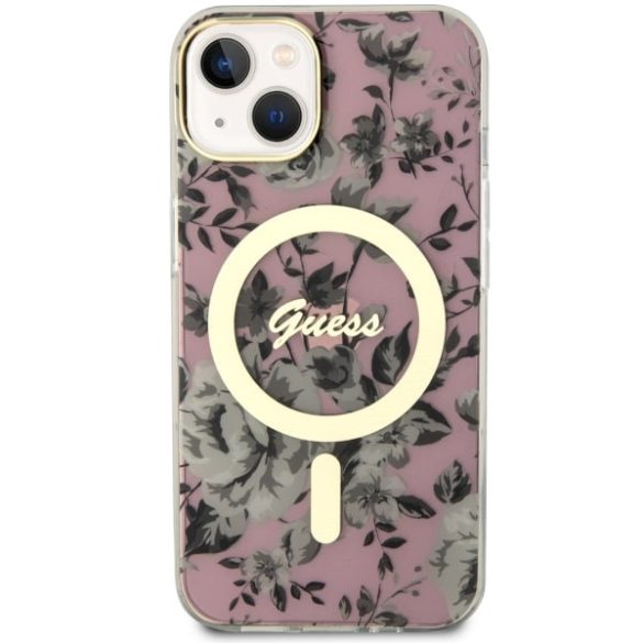 Guess GUHMP14SHCFWSP iPhone 14 / 15 / 13 6.1" rózsaszín keménytok Flower MagSafe
