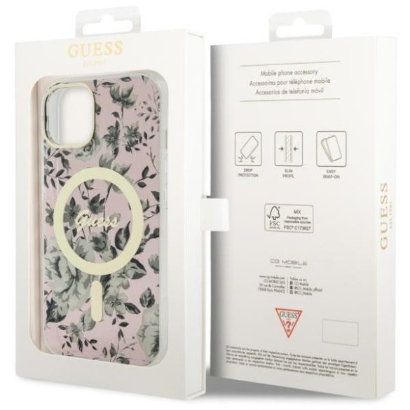 Guess GUHMP14MHCFWWSP iPhone 14 Plus / / 15 Plus 6.7" rózsaszín keménytok Flower MagSafe