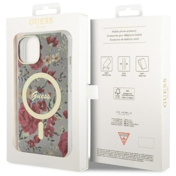 Guess GUHMP14MHCFWSA iPhone 14 Plus / 15 Plus 6.7" khaki színű keménytok Flower MagSafe