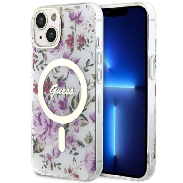 Guess GUHMP14MHCFWST iPhone 14 Plus / 15 Plus 6.7" átlátszó keménytok Flower MagSafe