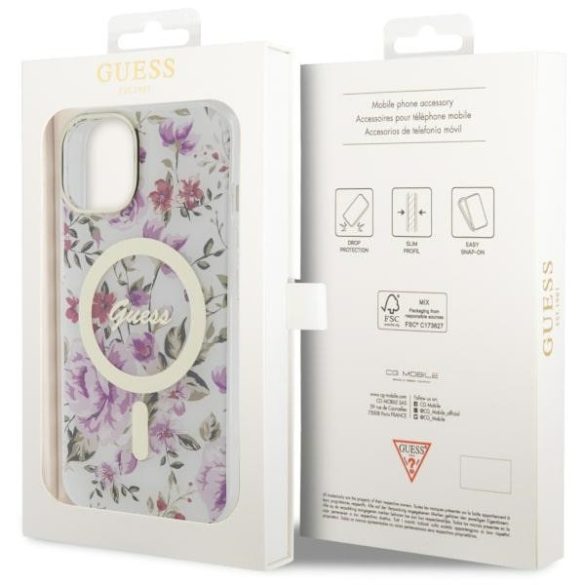 Guess GUHMP14MHCFWST iPhone 14 Plus / 15 Plus 6.7" átlátszó keménytok Flower MagSafe