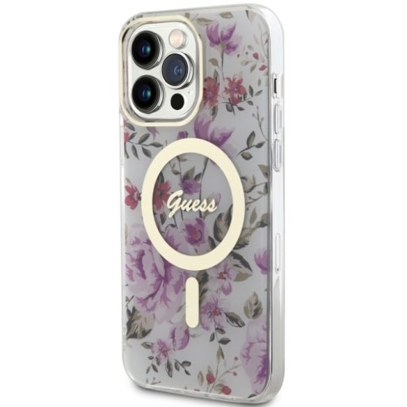 Guess GUHMP14LHCFWST iPhone 14 Pro 6.1" átlátszó keménytok Virág MagSafe