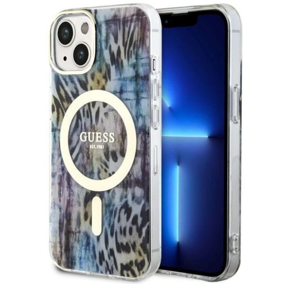 Guess GUHMP14SHLEOPWWB iPhone 14 / 15 / 13 6.1" kék keménytok Leopard MagSafe