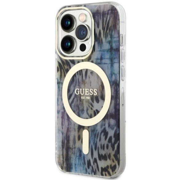 Guess GUHMP14LHLEOPWWB iPhone 14 Pro 6.1" kék keménytok Leopard MagSafe