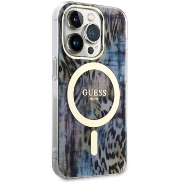 Guess GUHMP14LHLEOPWWB iPhone 14 Pro 6.1" kék keménytok Leopard MagSafe